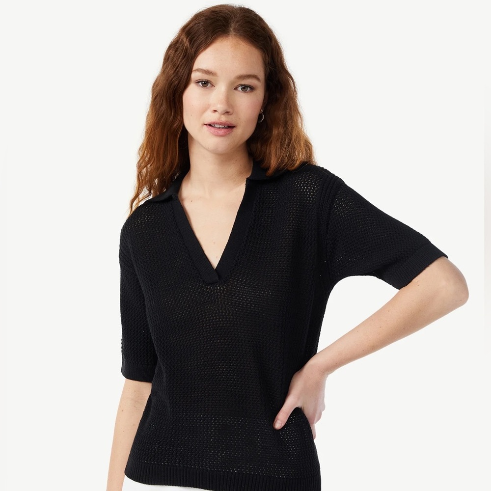 FREE ASSEMBLY Short Sleeve Crochet Polo Shirt - Picture 1 of 8